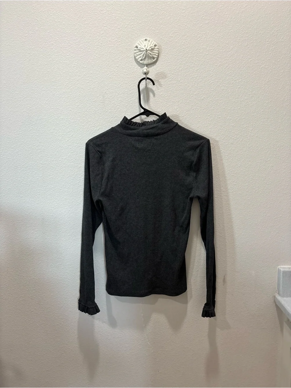 J. Crew Charcoal Ruffle Mock Neck Long Sleeve Top